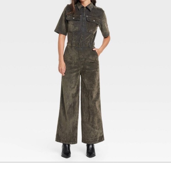 Universal Thread Pants - Women's Short Sleeve Flocked Denim
Jumpsuit - Olive green 8